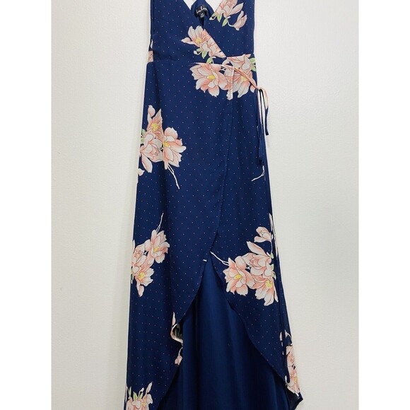 Lulus Maxi Dress Loiselle Navy Blue Floral Print Polka Dot Wrap Dress Size XS - Picture 4 of 10